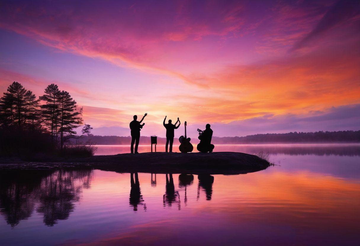A serene landscape with a glowing sunset over a peaceful lake, reflecting vibrant colors of the sky. In the foreground, a diverse group of people raising their hands in worship, with music notes floating around them symbolizing joy and inspiration. Include a silhouette of a guitar and a microphone, subtly placed to represent the band MercyMe. The atmosphere should evoke feelings of peace, connection, and spirituality. super-realistic. vibrant colors. 3D.
