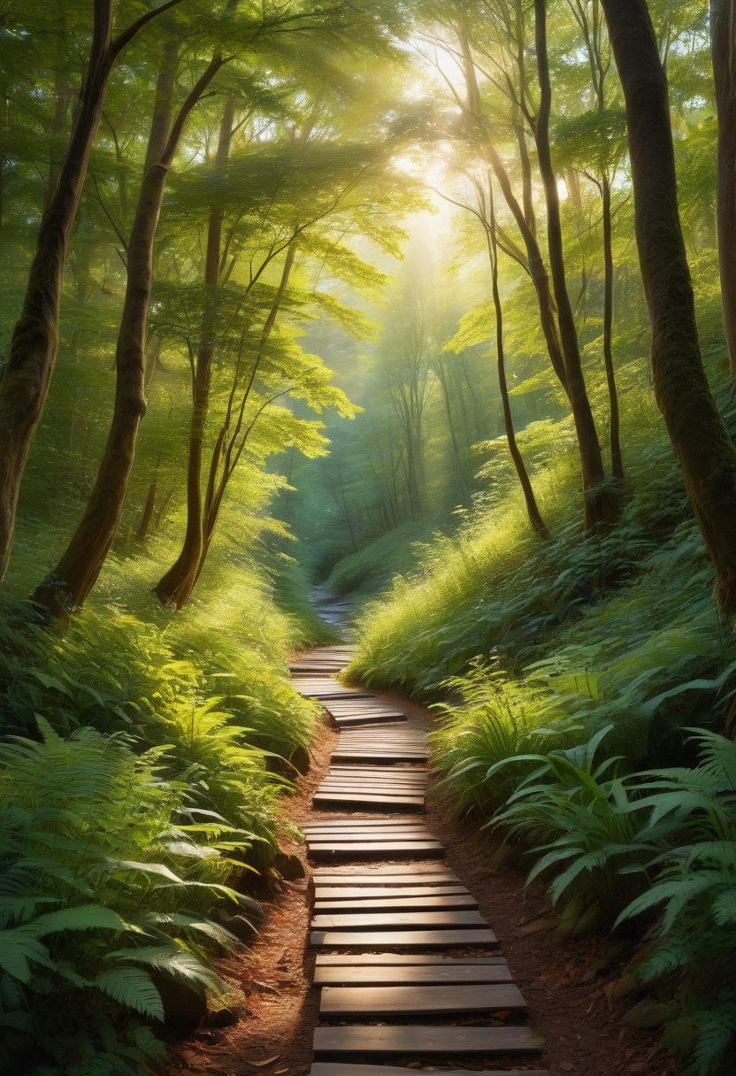 A serene landscape showing a winding path through a sunlit forest, with musical notes flowing like streams along the trail. In the background, silhouettes of diverse people walking together, reflecting unity and spiritual growth. Soft, ethereal light filtering through the trees, creating a calming atmosphere. Capture the essence of inspiration and connection through music. super-realistic. vibrant colors. peaceful setting.