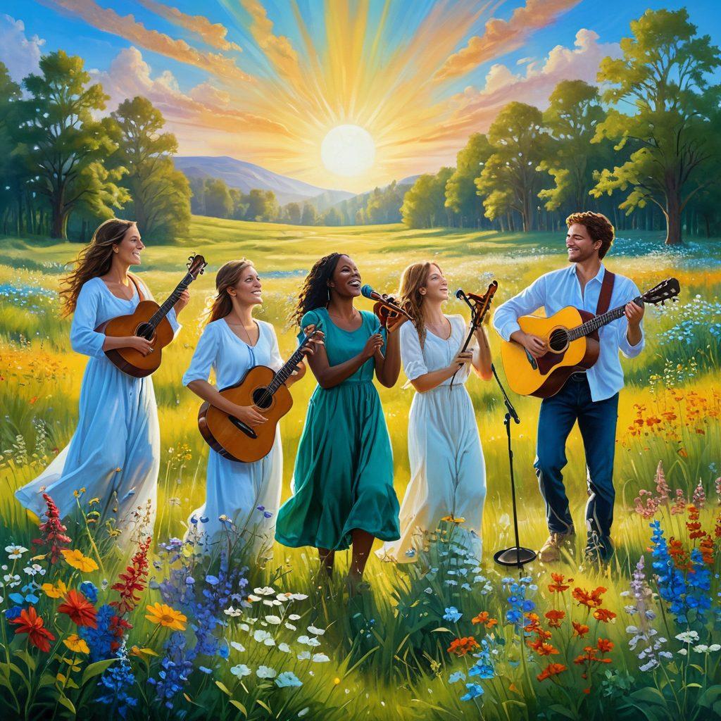 A serene scene of a diverse group of people joyfully singing and playing instruments in a sunlit meadow, with musical notes swirling around them, symbolizing the uplifting power of worship music. Include an ethereal glow around the musicians to convey a sense of spiritual connection. Vibrant colors. painting.